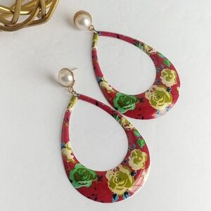 Red Floral Oval Teardrop Earrings